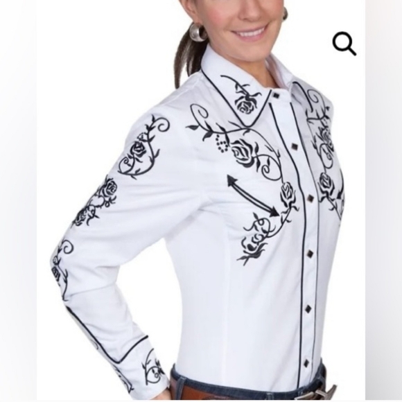 Scully Tops - SCULLY WOMEN'S ROSE EMBROIDERED White/Black WESTERN SHIRT M